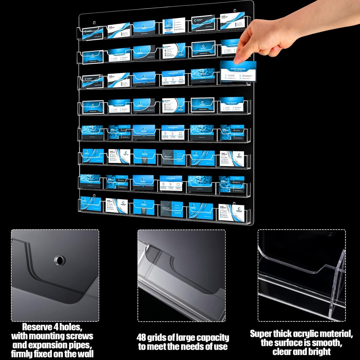 Hillban Acrylic Business Card Holder Wall Mount Clear Sticker Display Rack Multiple Card Holders Clear Acrylic Organizing Sticker Display Stand Pre Drilled(48 Pockets)
