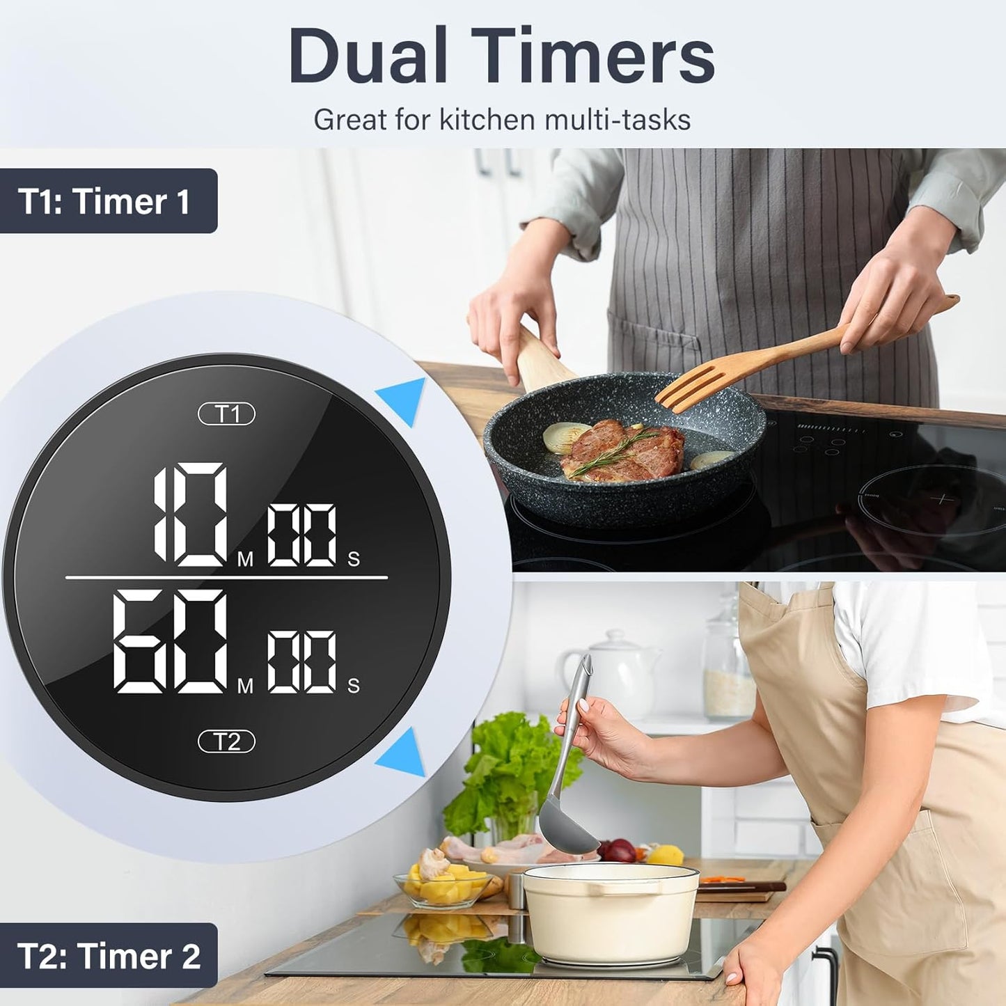 Dual Digital Kitchen Timer for Cooking, 199 Minutes Countdown & Stopwatch, Productivity Timer for Fridge, Big Digits, High-Definition Display, Rotary Adjustment, 3 Volumes, 2 Brightness Levels, Black