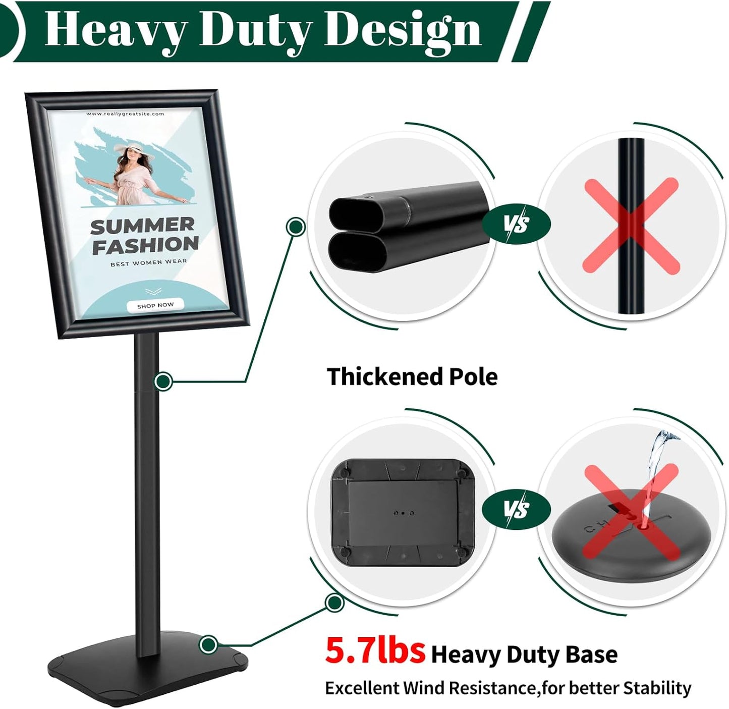 Heavy Duty Pedestal Sign Holder for Display, 11 x 17 inches Adjustable Floor Standing Sign Holder with Weighted Base , Vertical and Horizontal View Sign Stand for Indoor/Outdoor Advertising，Black