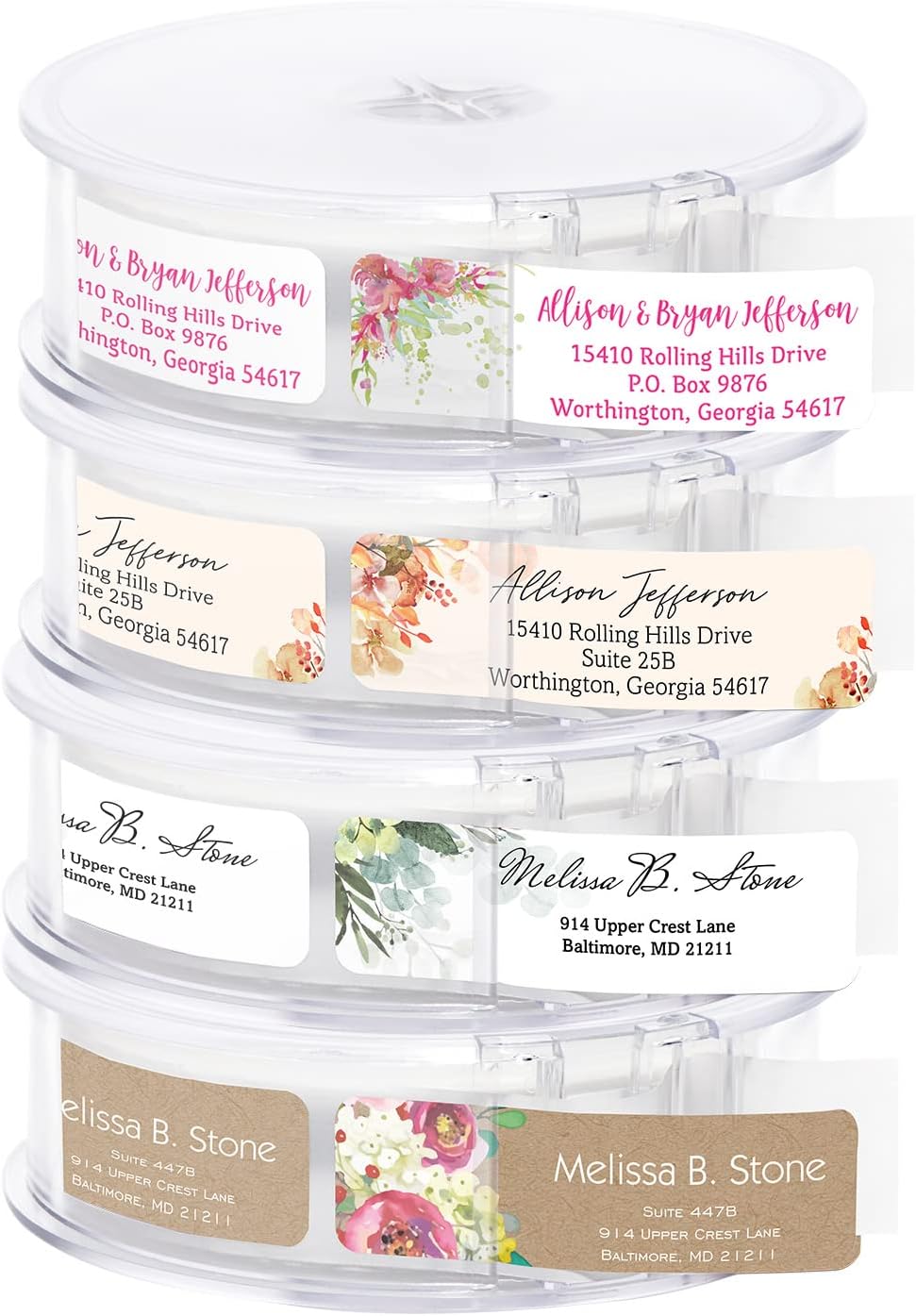 Bright Watercolor Floral Rolled Address Labels / 5 Vibrant Flower Bouquet Designs/Roll of 250 Personalized Address Labels/Designer Return Address Stickers in Elegant Plastic Dispenser