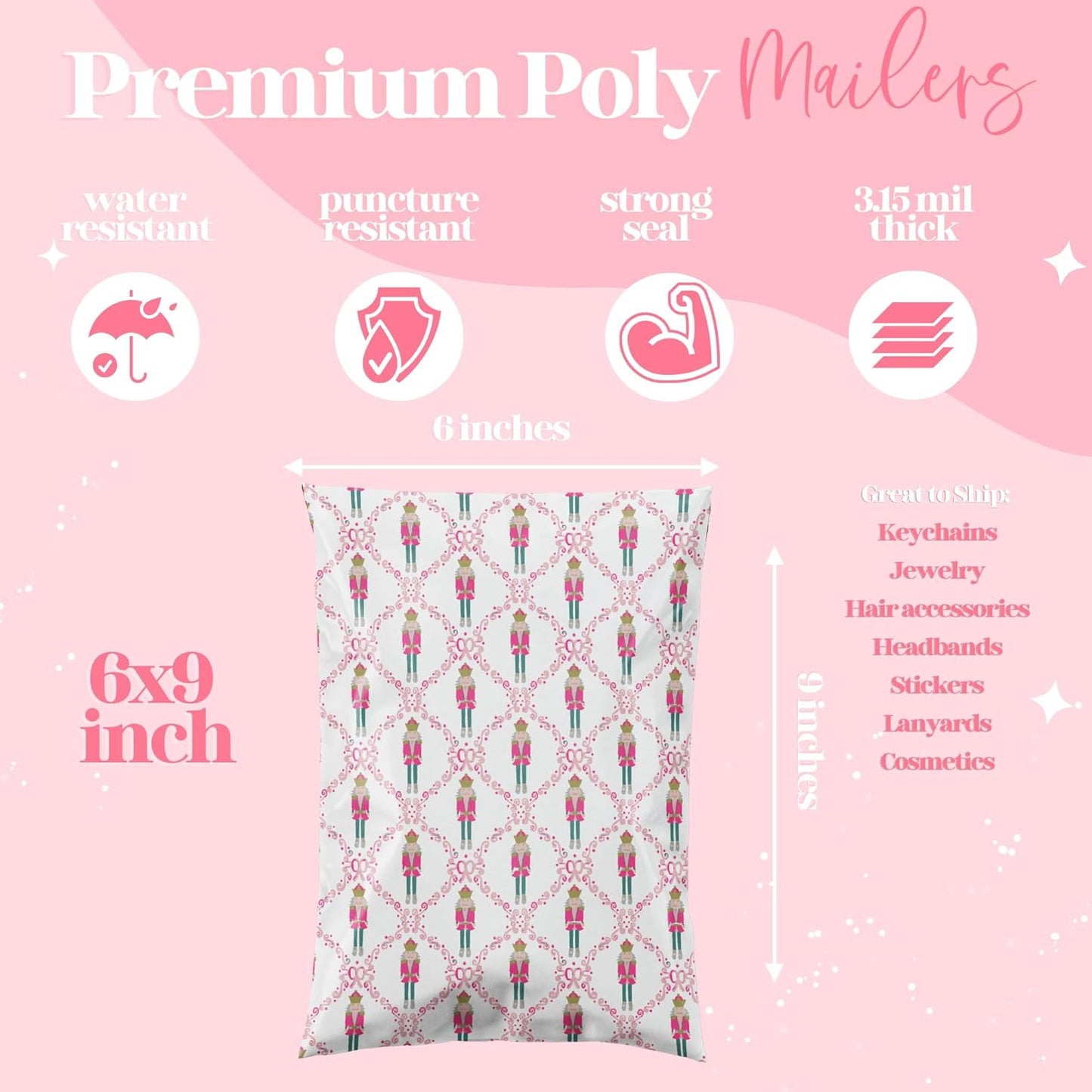6x9 Designer Poly Mailer 100 Pack Heavy Duty Waterproof Self Seal Shipping Bags for Small Business Large Mailing Envelopes Bulk Tear Resistant Packaging Pink Nutcracker Christmas Holiday