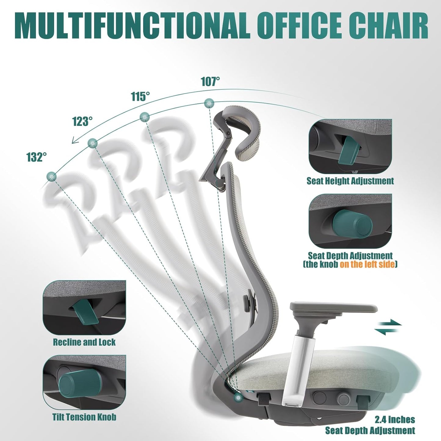 COLAMY Ergonomic Mesh Office Chair, High Back Computer Executive Desk Chair with Adjustable Headrest and 4D Arms, Slide Seat, Tilt Lock-Light Grey