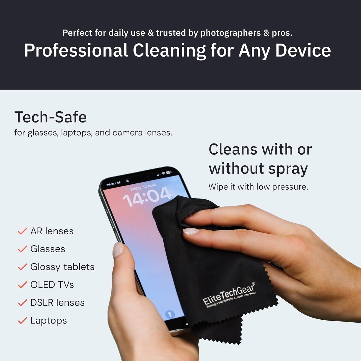 Elite Tech Gear Microfiber Cleaning Cloth for Glasses- 4-Pack, 12" x 12"- Durable Oversized Glasses Cleaning Cloth- Eyeglass Cleaning Wipes for Lenses, Electronics- High Tech Quality Material (Black)