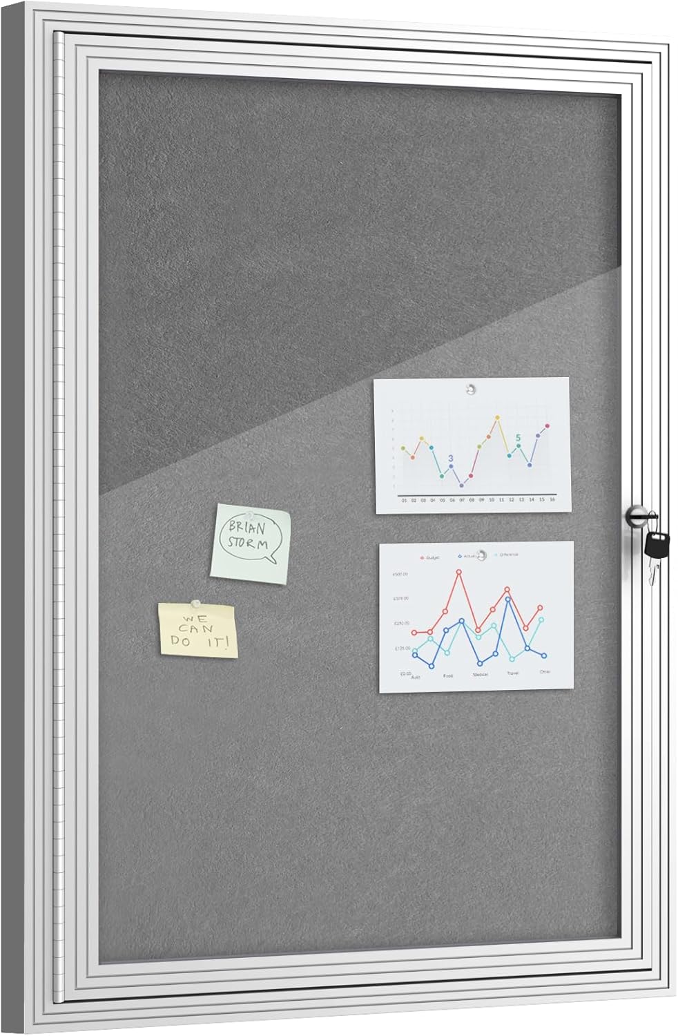 36"x24" Enclosed Bulletin Board, Outdoor Lockable Weather-Resistant Aluminum Cork Noticeboard for School & Office, Silver Frame w/Grey Flet