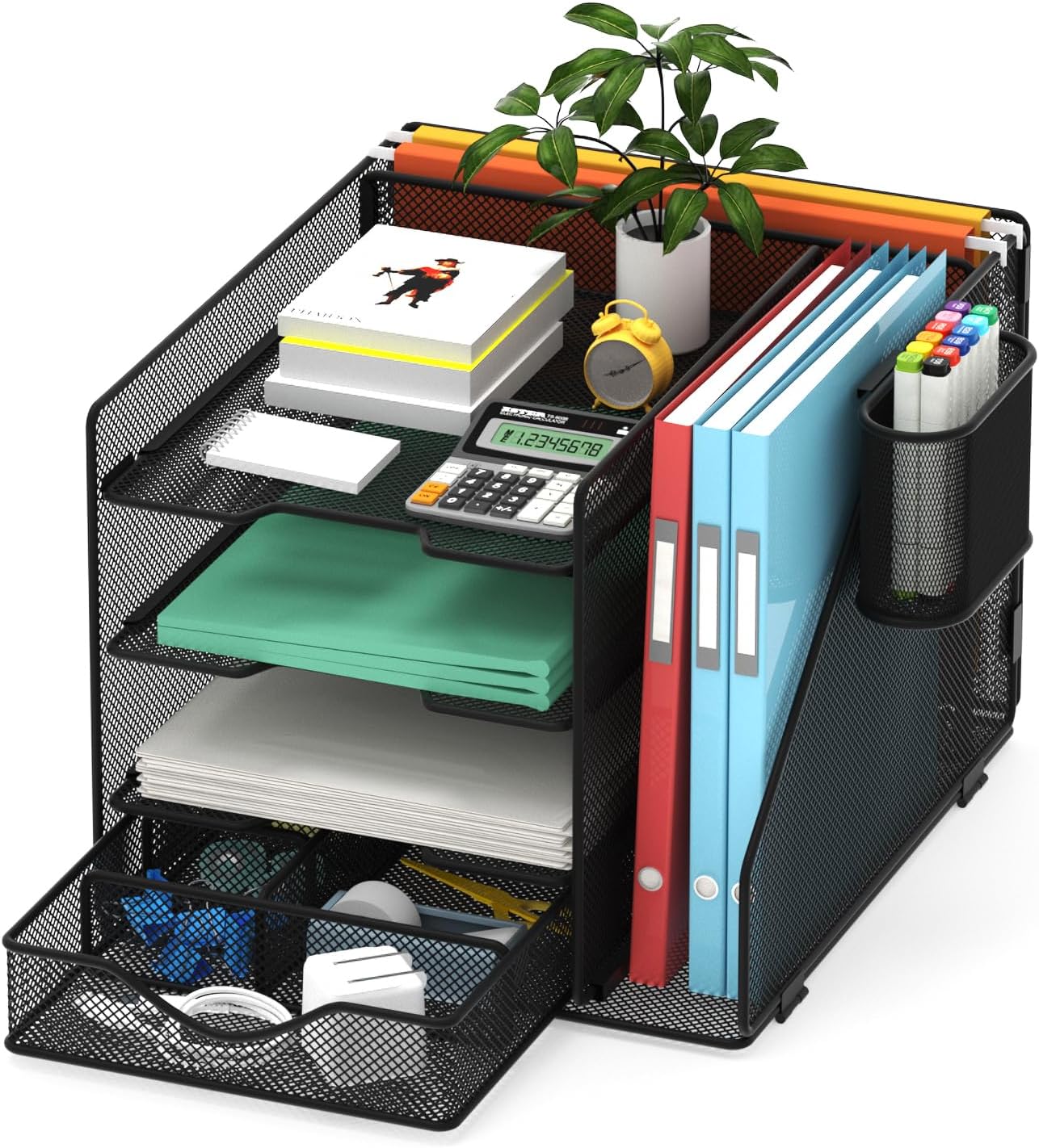 Desk Organizer with Hanging File Holder, Paper Letter Tray Organizer with Drawer and Pen Holder, Mesh Desktop Organizer and Storage for Office Supplies(Black)