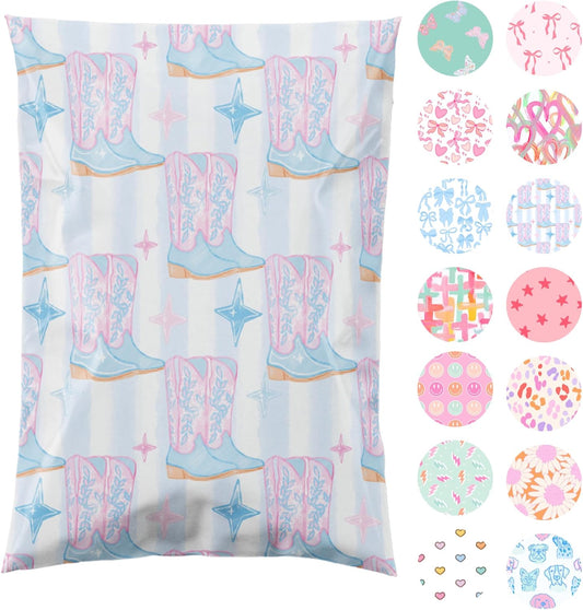 6x9 Designer Poly Mailer 100 Pack Heavy Duty Waterproof Self Seal Shipping Bags for Small Business Large Mailing Envelopes Bulk Tear Resistant Packaging Cowgirl Boots Western