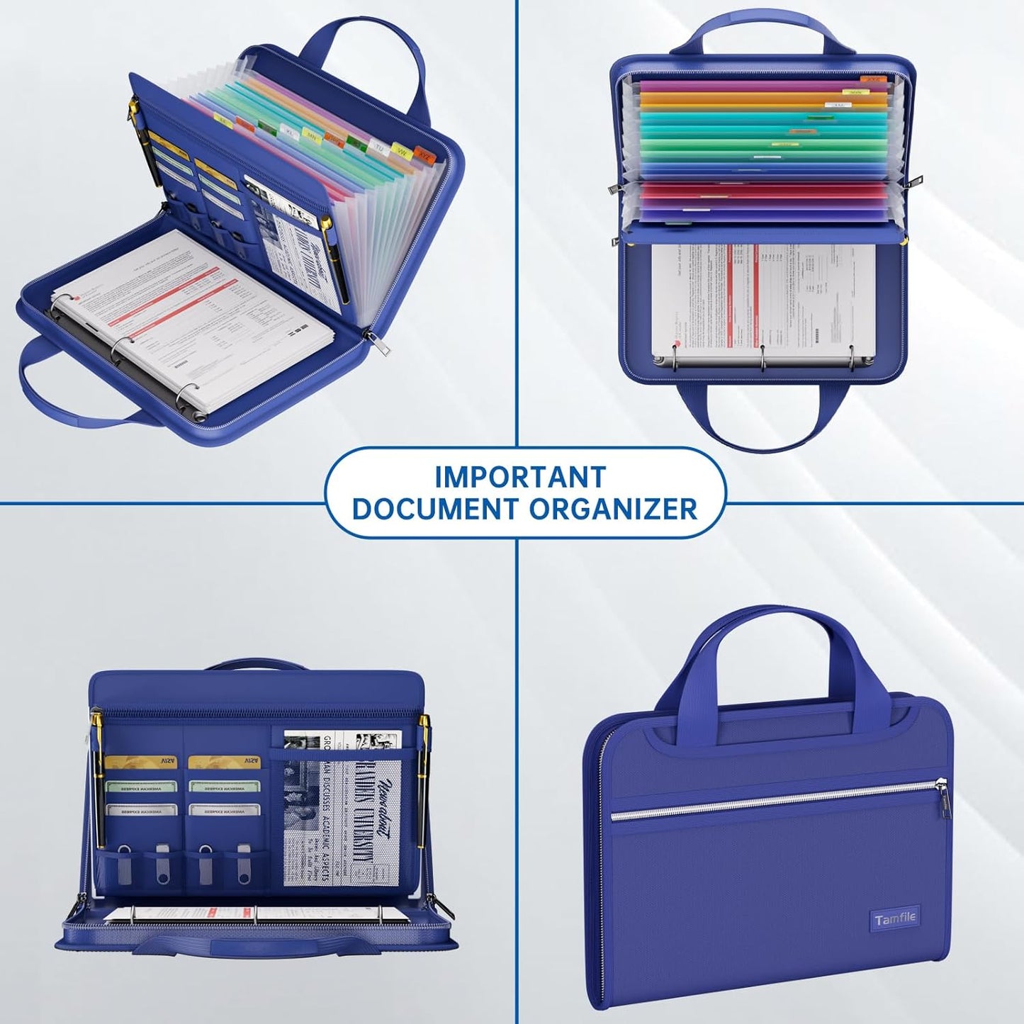 Fireproof Accordion File Organizer with Handle, 13 Pocket Expanding File Folder with Zipper & Labels, File Folder with 3 Ring Binder, Multi Pockets Paper Organizer Folder for Letter A4 Files (Blue)