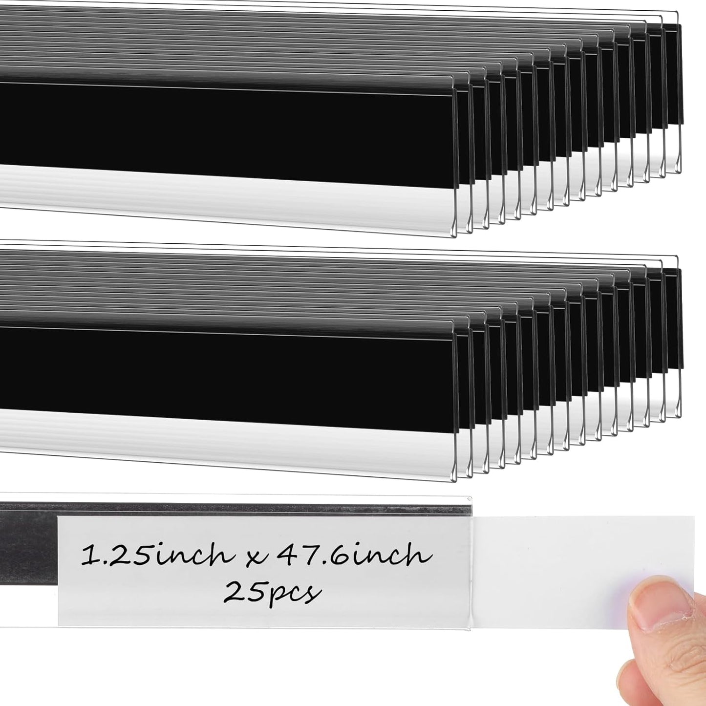 Fainne 25 Pcs 1. 25 Inch Magnetic Shelf Label Strip Holders for Metal Racks and Shelves, Clear Wire Shelf Price Tag Holder Installed in Supermarkets, Shops, Convenience Stores, 48 Inches Long