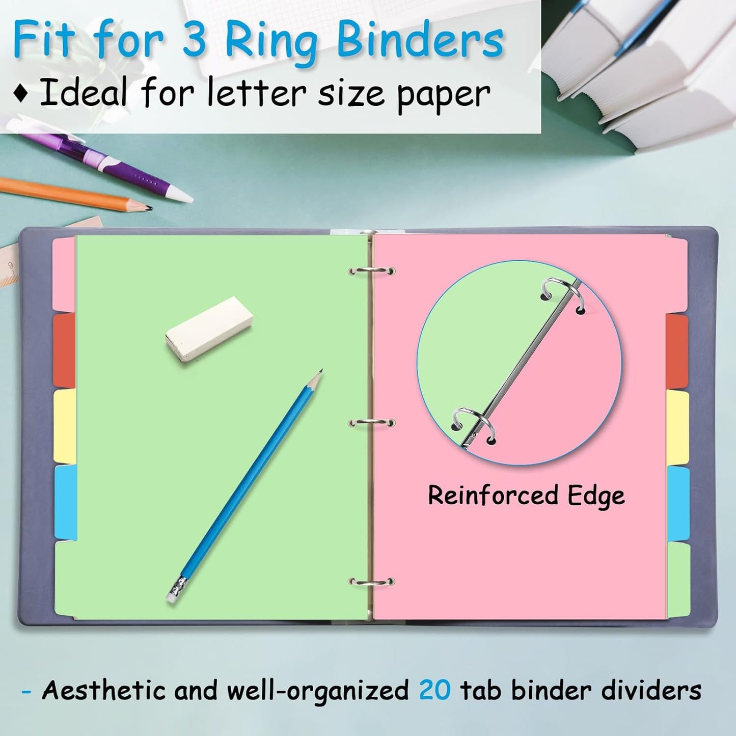 Binder Dividers for 3 Ring Binder, 1/5 Cut Tabs, Letter Size, Blank Write On Page Dividers with 5 Big Tabs for School Office Home, 4 Sets, 20 Dividers, Colorful