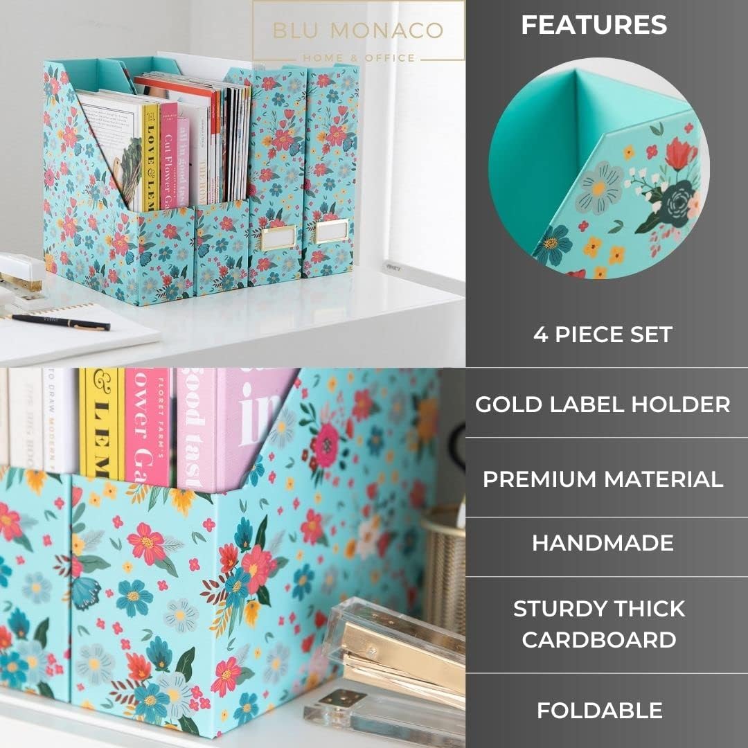 BLU MONACO Floral Magazine Holder, Set of 4 Foldable Magazine File Boxes, Aqua Floral Pattern with Gold Label Holder, Vertical Desk Organizer and Binder Holder