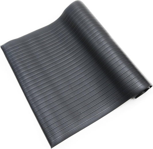 Anti Fatigue Floor Mat (Made in USA), 3 Feet Wide x 12 Feet Long x 3/8 Inches Thick, Ribbed Pattern Top, Black, Bevelled on All Four Sides, RoHS and REACH Compliant -AFRB38-3x12BLKBEV