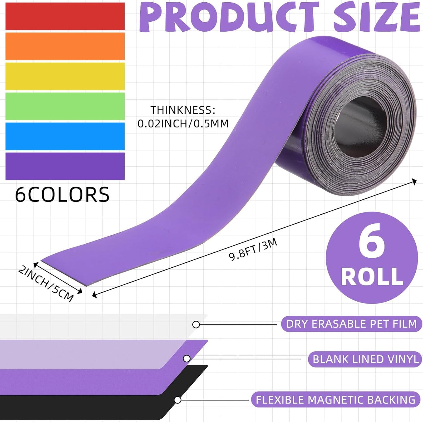 6 Pcs Dry Erase Magnetic Strips for Classroom, Rainbow Colors Magnetic Tape Roll Blank Magnets Sticky Labels Writable Flexible Magnet Sheet for Whiteboard Refrigerator (2 in X 9.8 ft)