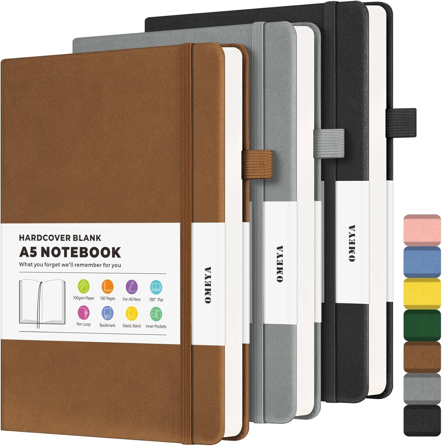 Blank Journal Notebook, 3 Pack A5 Sketch Book, Hardcvoer Sketchbook for Drawing with 100GSM Thick Paper, Leather Journal for Writing, Unlined Journal for Women, Men, School, 160 Pages, 5.7" x 8.4"