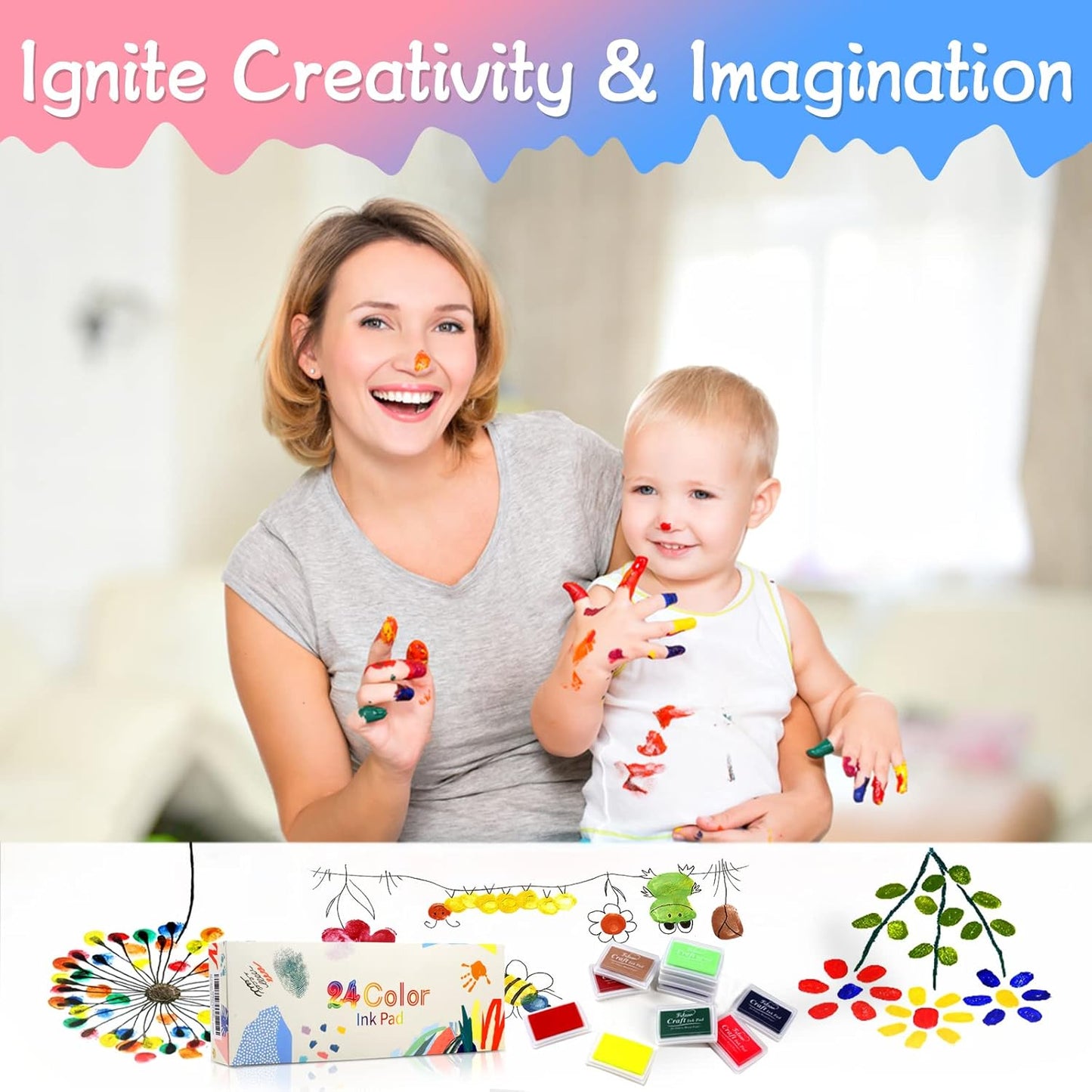 Fstaor 24 Colors Craft Ink Pads for Rubber Stamps, Washable Kids Ink Pads for Paper, Wood, Fabric, Fingerprint, Scrapbooking, DIY Arts & Crafts Supplies for Card Making