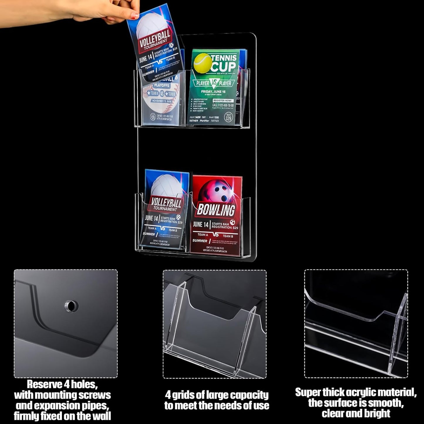 Eersida 2 Pack Acrylic Brochure Pamphlet Holder Wall Mount Clear Brochure Display Holder Plastic Trifold Flyer Rack Literature Storage Rack for Offices Waiting Room (9 x 15 Inch,4 Pockets)