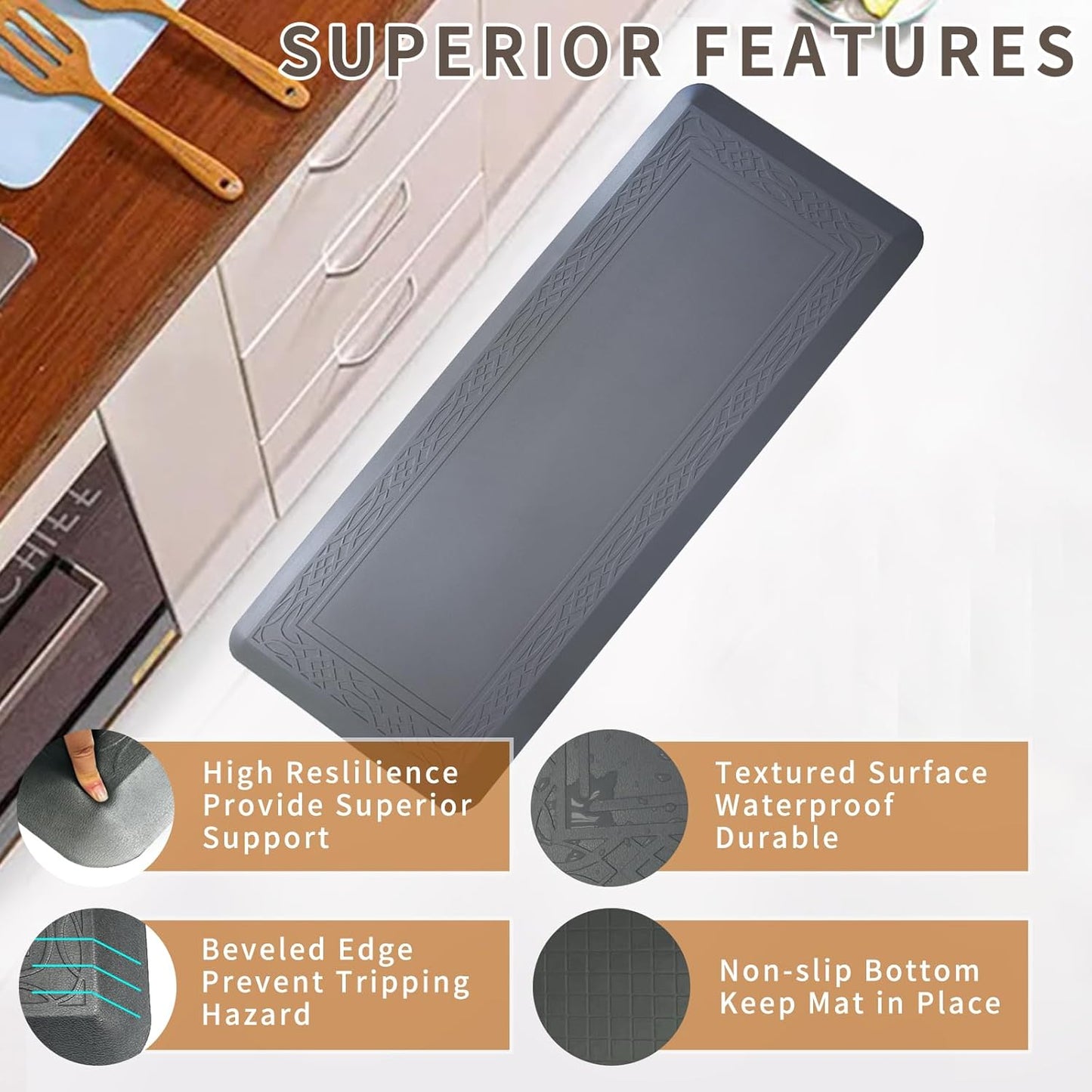 24 x 60 Inch Extra Support Anti Fatigue Comfort Kitchen Mat, Waterproof Long Kitchen Runner, Non-Slip Standing Desk Mat, Commercial Pads for Offices, Home, Garages (Bordeaux Grey, 24'' x 60'')