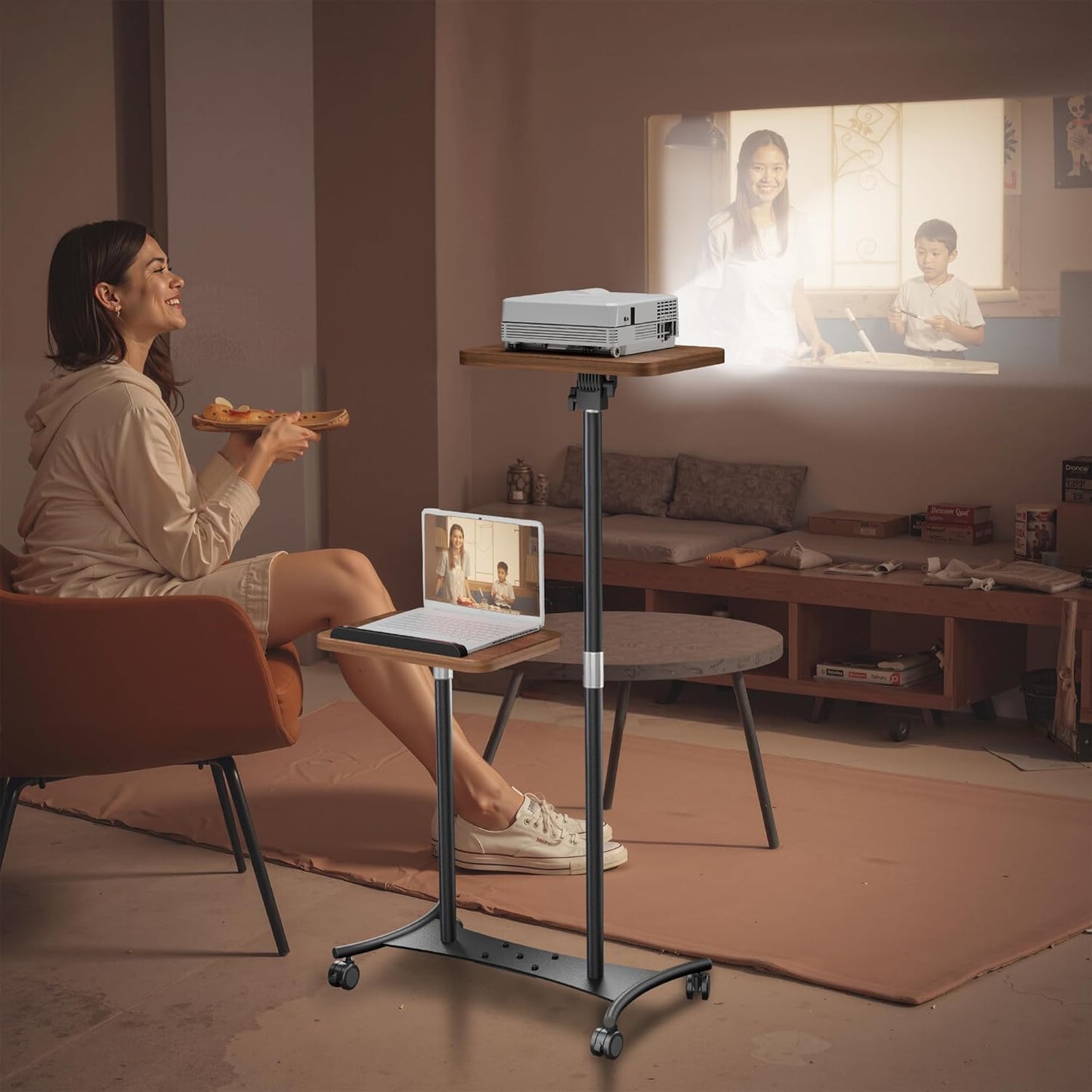 2 Shelves Projector Stand, Mobile Laptop Cart on Wheels Projector Stand Adjustable Height 20 to 53 Inches, Overbed Table with 5 Lockable Casters, Rolling Laptop Floor Stand for Couch