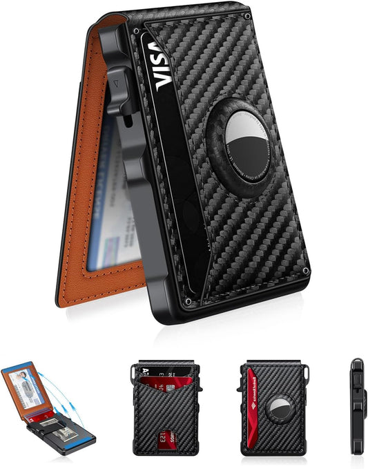 Airtag Wallet for Men, Mens Smart Wallet for Air Tag RFID Blocking, Minimalist Bifold Pop Up Aluminum Credit Card Case Holder 12+ Cards with ID Window, Gift for Men, No Airtag Included, Carbon Orange