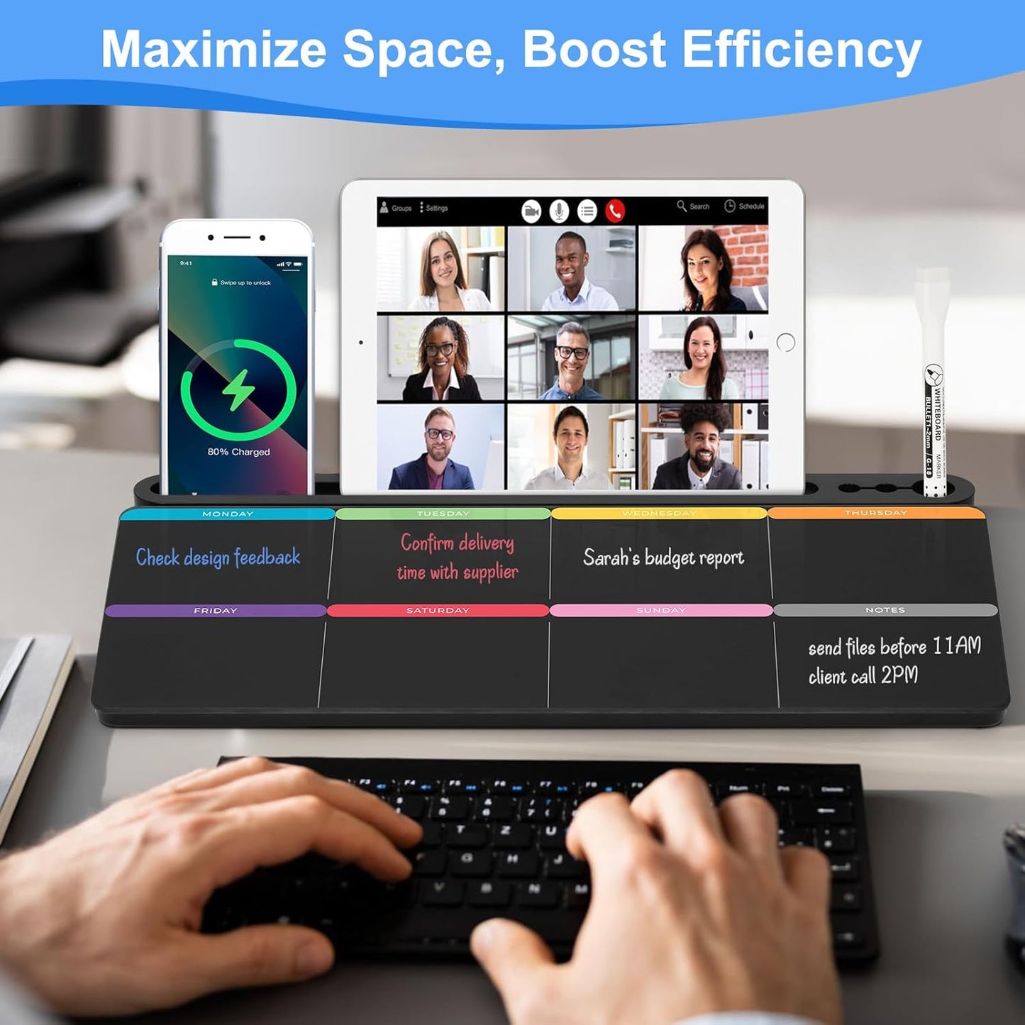 Desktop Glass Whiteboard with Storage, Colorful Weekly Calendar Desk Dry Erase White Board, Desk Organizers and Accessories, Weekly Planner with Notes for List, Planning, Memo, Office, Home, School