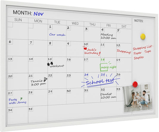 Comix Dry Erase Calendar Whiteboard for Wall,Magnetic Dry Erase White Board with White Wood Frame, 36 * 24 inches Decorative Planner Board for Office, Kitchen, School, Home