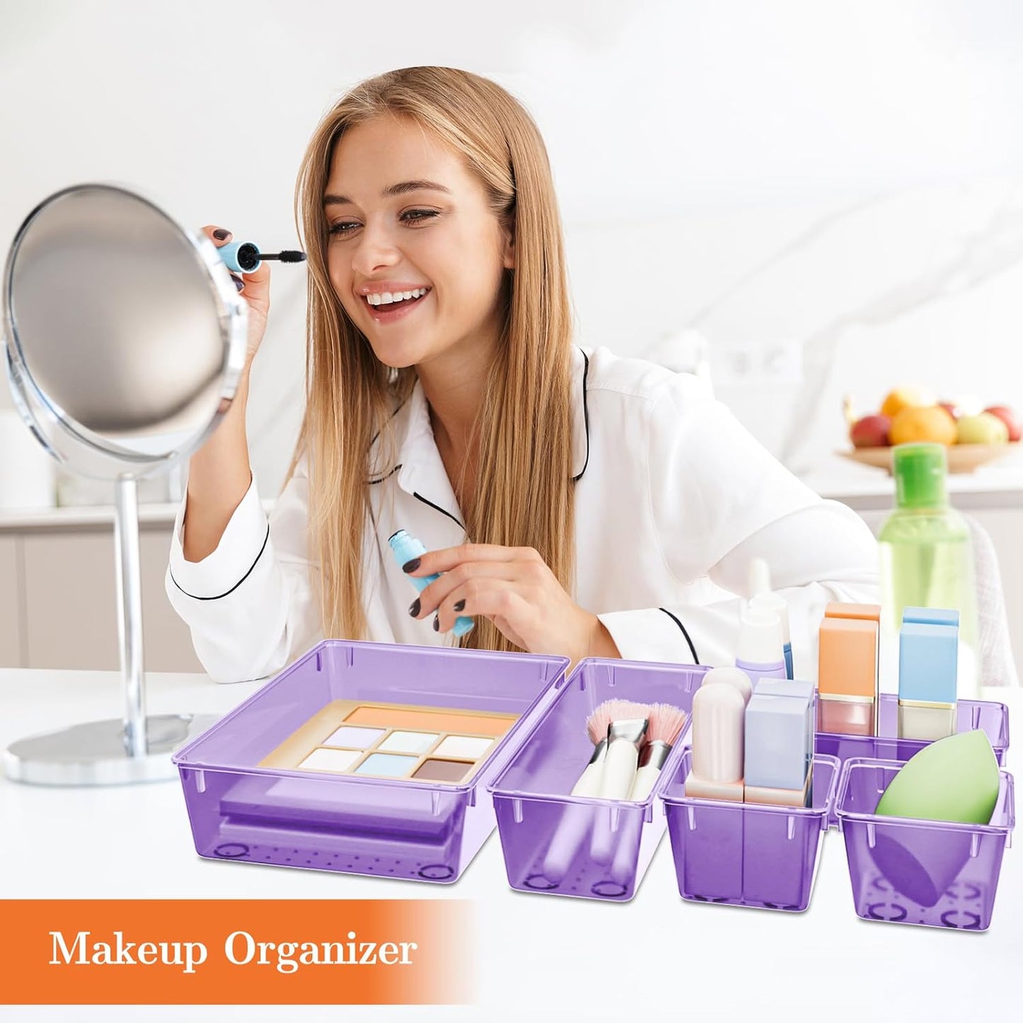25 PCS Plastic Drawer Organizer Set, 4-Size Versatile Organizer Trays & storage Bins for Makeup, Jewelry, and Gadgets in Bathroom, Bedroom and Office,Clear Purple