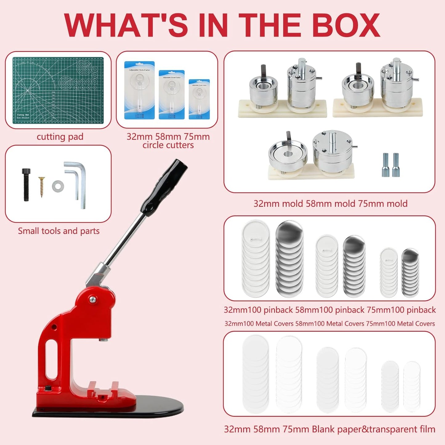 Button Maker Multiple Sizes - DIY Press 1.25 inch+2.25 inch+3 inch, Removable Badge Machine With 300 Parts Supplies, Circle Cutter and Cutting Mat