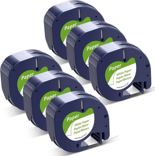 6-Pack 91330 Compatible with Dymo LetraTag Label Tape Refills, 12mm x 4m (1/2" x 13') White Paper Compatible with Letra Tag Label Makers LT-100H, LT-100T, Easy-Peel, Strong Adhesive, Clear Printing