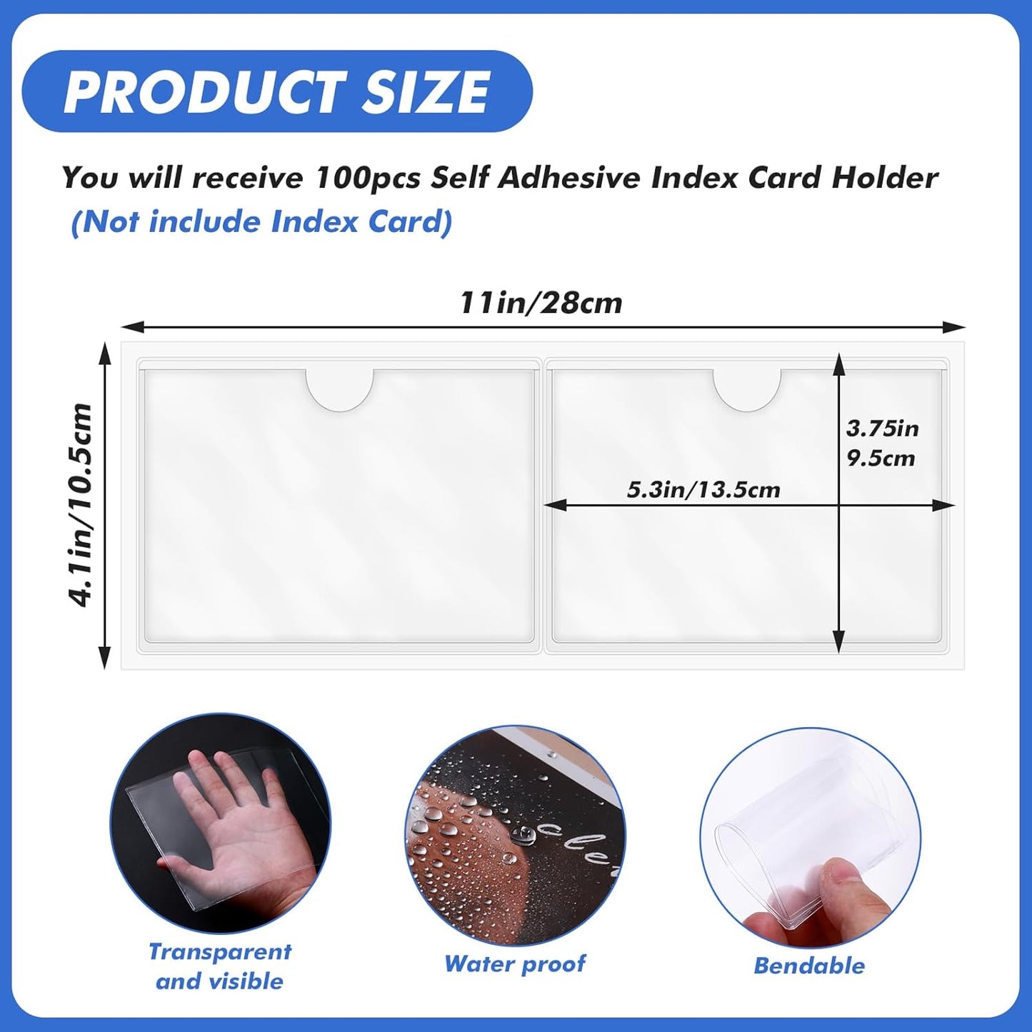 Circloophs 100 Packs Self Adhesive Index Card Pockets for 3”x 5” Card, Adhesive Label Holders with Top Open - 3.7”x 5.3” Clear Adhesive Label Pockets for Storage Bins, Locker, Shelves, Library, Office