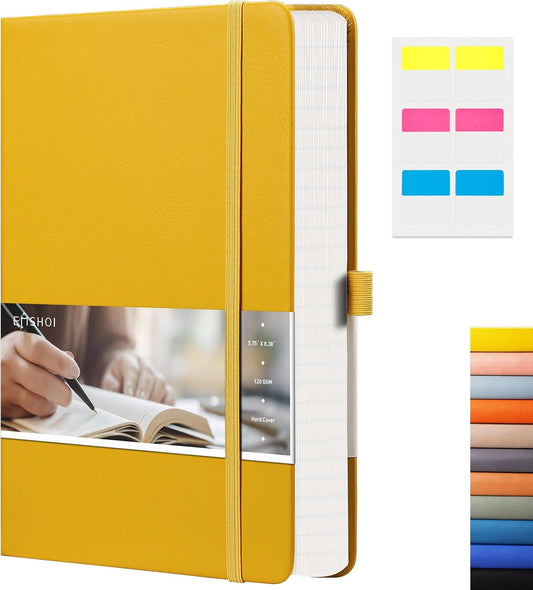 EMSHOI College Ruled Notebook 120gsm Thick Lined Journal - 256 Numbered Pages, A5 Hardcover Leather Writing Notebook for Work, School, Travel - with Sticky Notes, 5.75"x8.38", Yellow