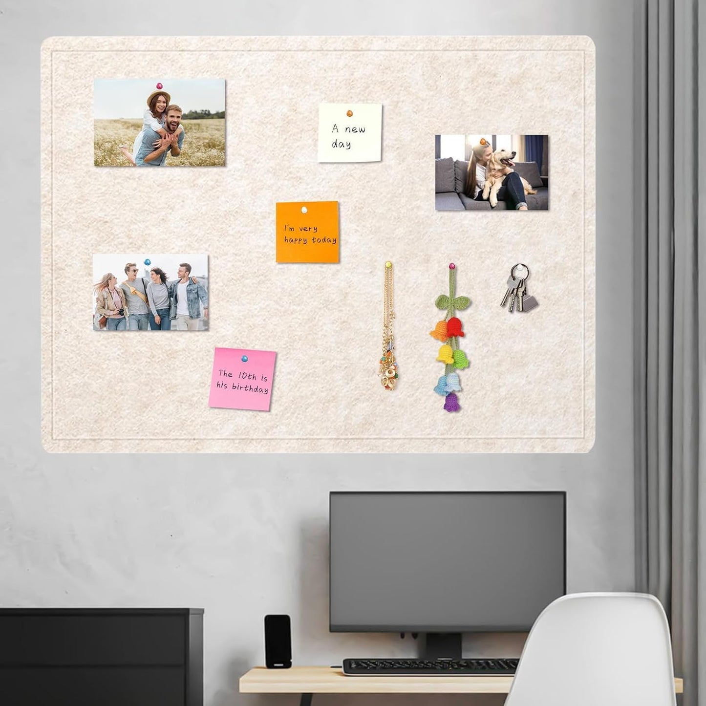 Bulletin Board - 35 x 17.5 inches Decorative Felt Pin Board - Cork Board Alternative for Wall - Foldable Photo Board Self-Adhesive Prayer Board with 20 Pushpins - Oatmeal