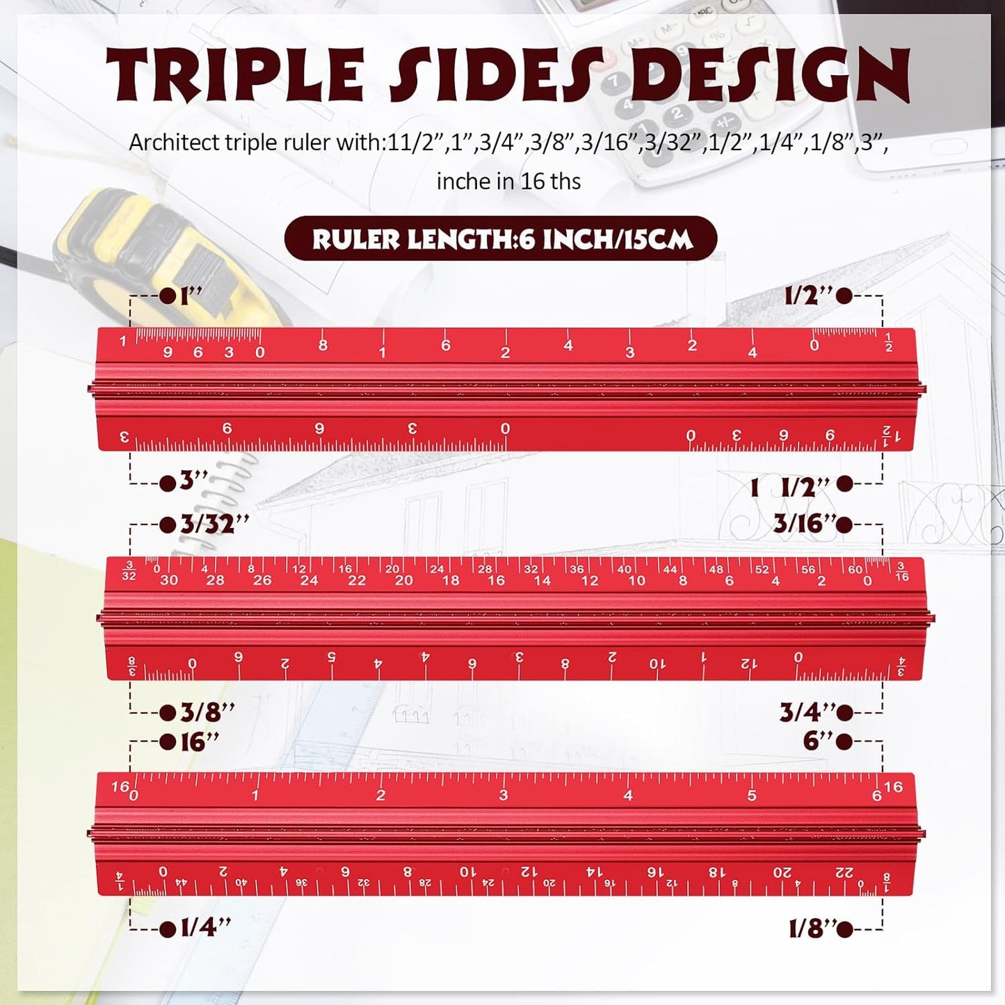 Fumete 12 Pack 6 Inch Architectural Engineering Scale Rulers Small Scale Ruler Pocket Size Scale Ruler Construction Rulers Imperial Measurements for Architects Engineering, Draftsman Drawing(Red)