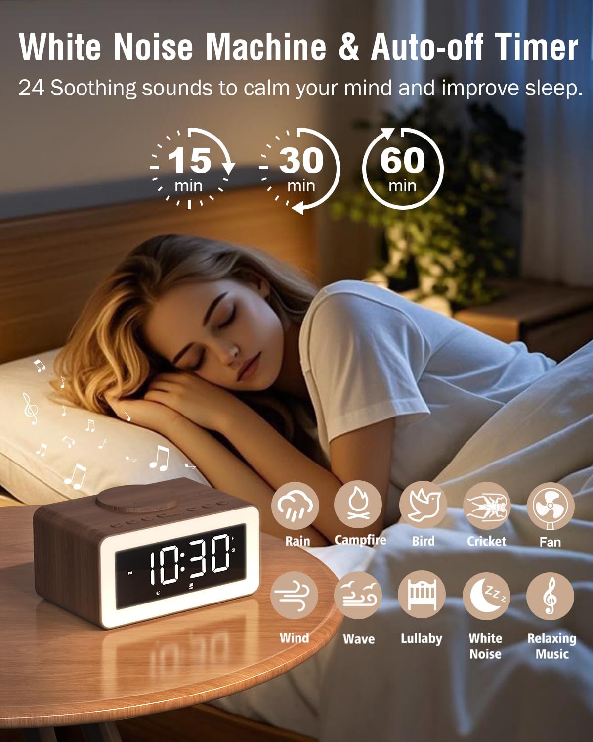 Alarm Clock with Wireless Charging, White/Brown Noise Sound Machine, Bluetooth Speaker Night Light, Wooden Digital Alarm Clocks for Bedrooms,Wireless Charger for iPhone, Birthday Gifts for Men Women