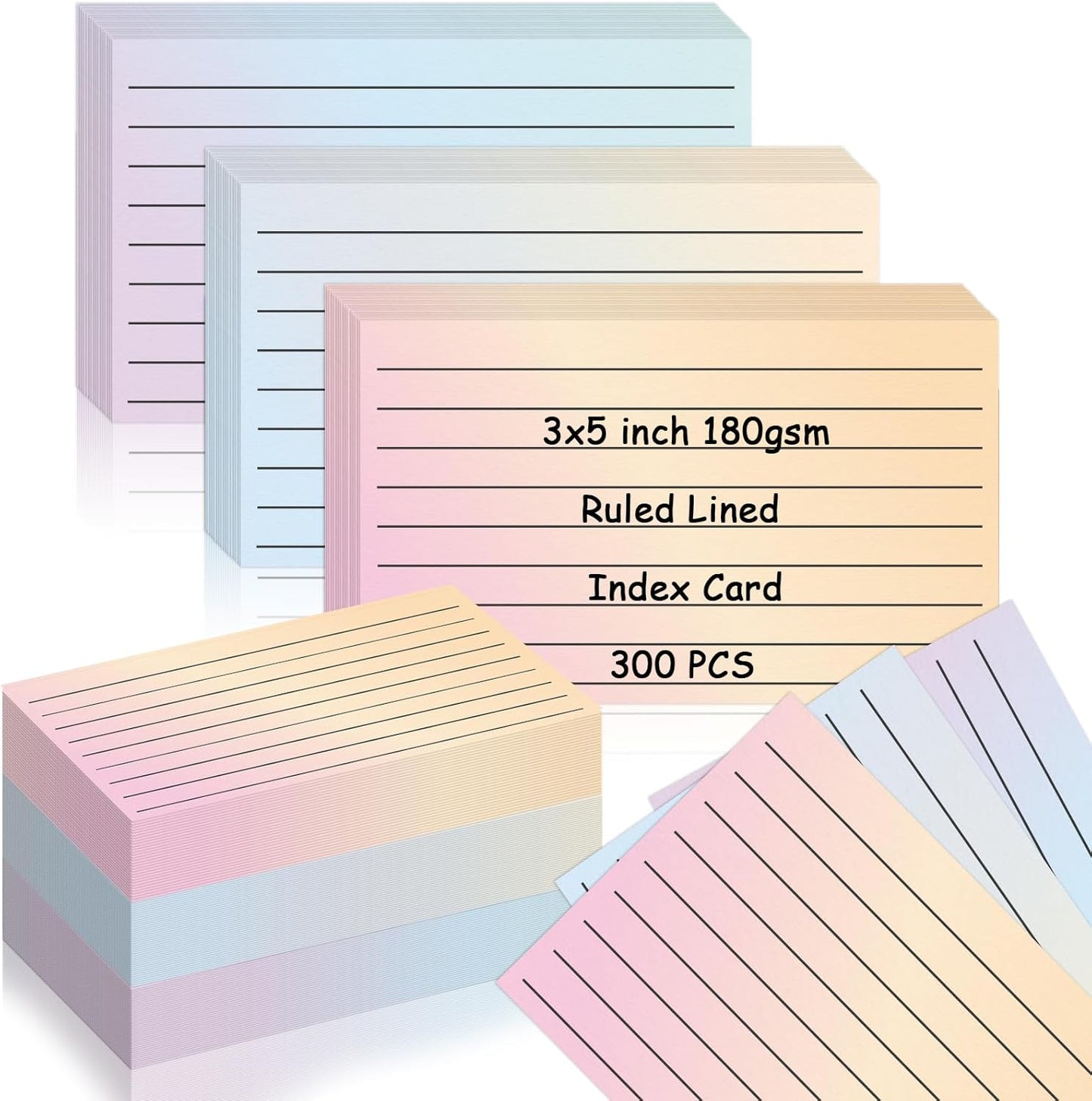 300 Pack Ruled Index Cards 3x5 Gradient Colored Index Cards Heavy Weight Note Cards 180gsm Flashcards Double Sided Notecards Lined Recipe Cards for Studying Drawing