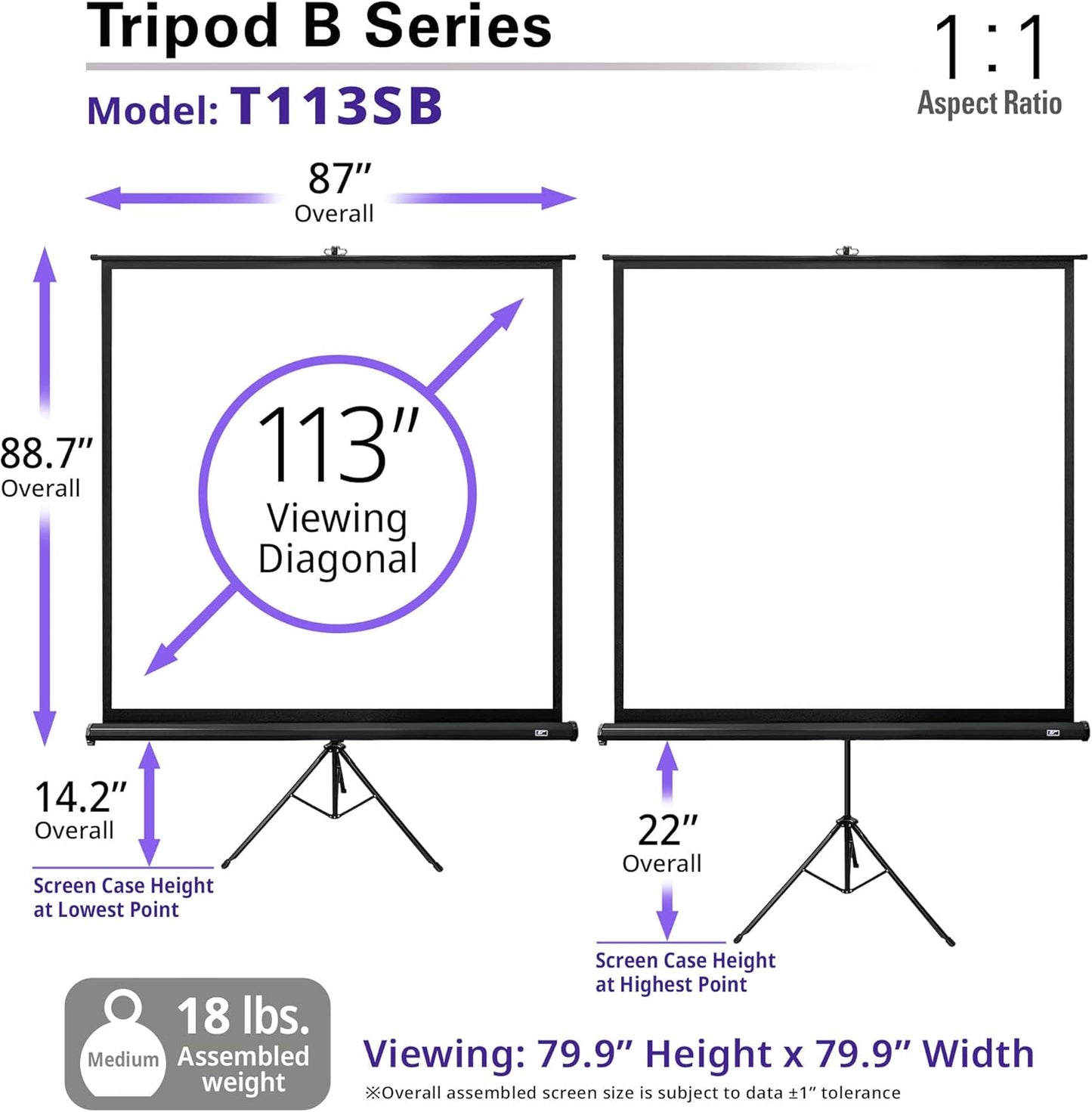 Elite Screens Tripod B, 113-INCH 1:1, Lightweight Pull Up Foldable Stand, Manual, Movie Home Theater Projector Screen, 4K / 8K Ultra HDR 3D Ready, 2-YEAR WARRANTY, T113SB