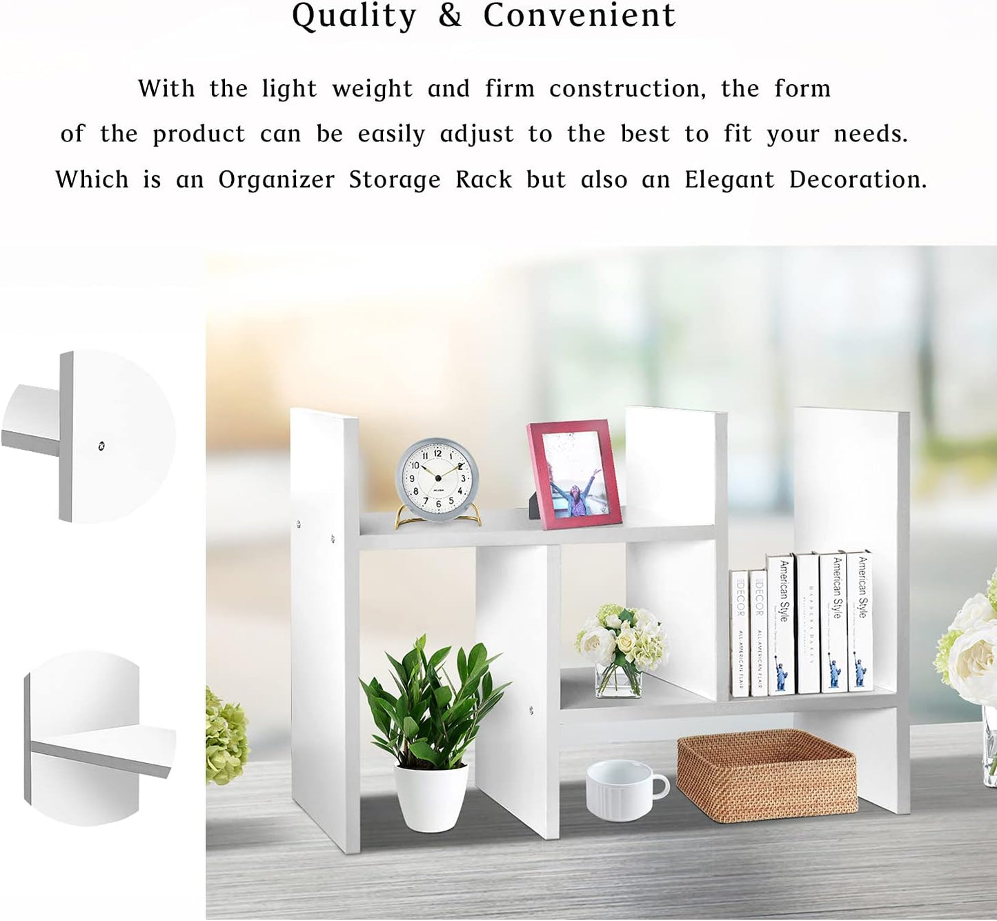 J.M.Deco Desktop Organizers and Storage for Office, Adjustable Desktop Organizer Shelves Double H Display, Desktop Shelf Organizer True Natural Stand Shelf (White)