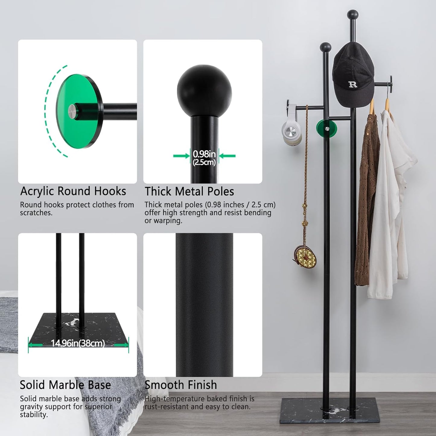 Free Standing Coat Rack with Marble Base & 8 Hooks Heavy Duty Clothes Rack for Entryway Bedroom Living Room Hotel 14.96 x 10.24 x 68.9 Inches (Black)