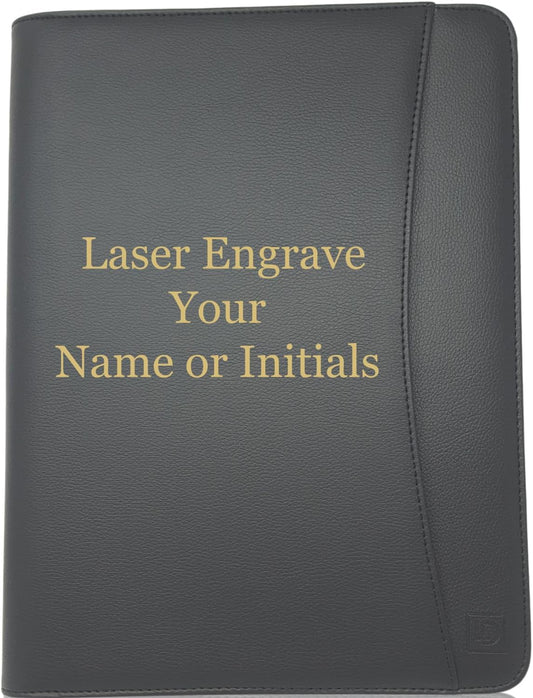 Customized Matt Black Zippered Portfolio Binder - Engraved PU Leather Business Portfolio Organizer - Padfolio for Men & Women with US Letter Notepad, 10.5" Tablet Pocket & Gift Box by Lautus Designs
