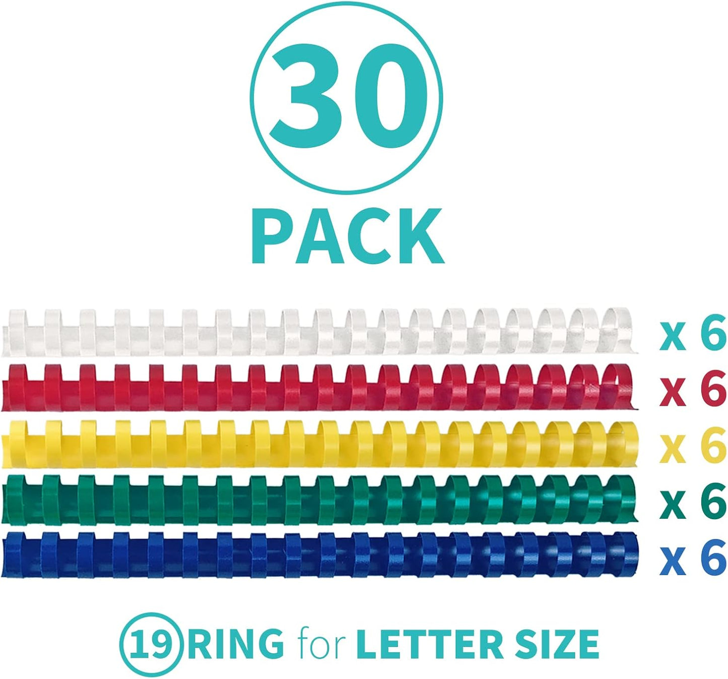 Binditek 30 Pack Plastic Binding Comb Spines, 3/4 Inch Diameter, 150 Sheet Capacity, 19 Ring, for Letter Size, Multi Color (White, Yellow, Red, Green, Blue)