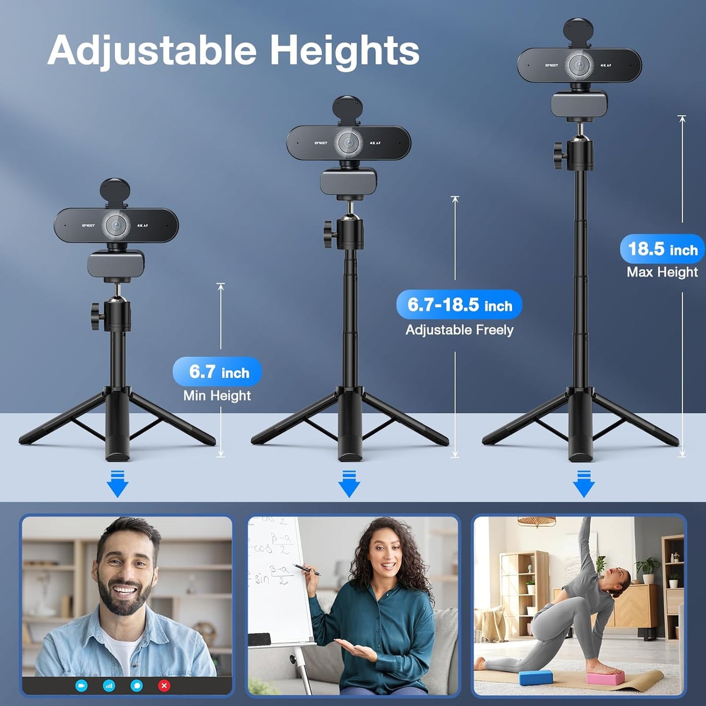 EMEET NOVA 4K Webcam with Tripod - 4K UHD, PDAF Autofocus, Adjustable Heights with 360° Swivel Head, 2 Noise-Cancelling Mics, USB Plug&Play, Privacy Cover, Ideal for Online Meetings&Live Streaming