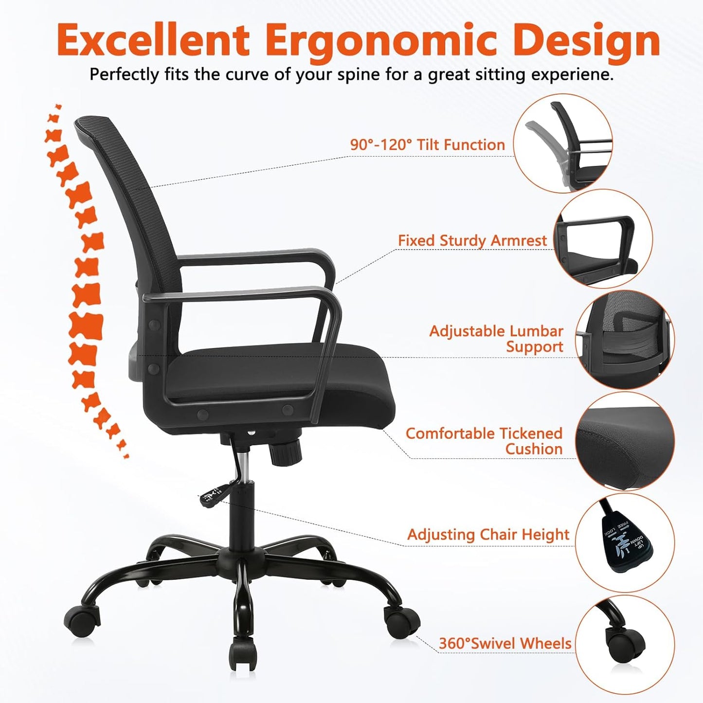 CLATINA Ergonomic Rolling Mesh Desk Chair with Executive Lumbar Support and Adjustable Swivel Design for Home Office Computer Black 8 Pack