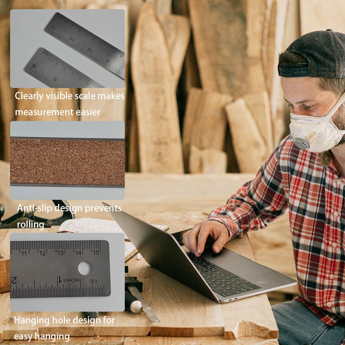 6-Inch Stainless Steel Metal Ruler with Non-Slip Cork Backing - 3 Pack