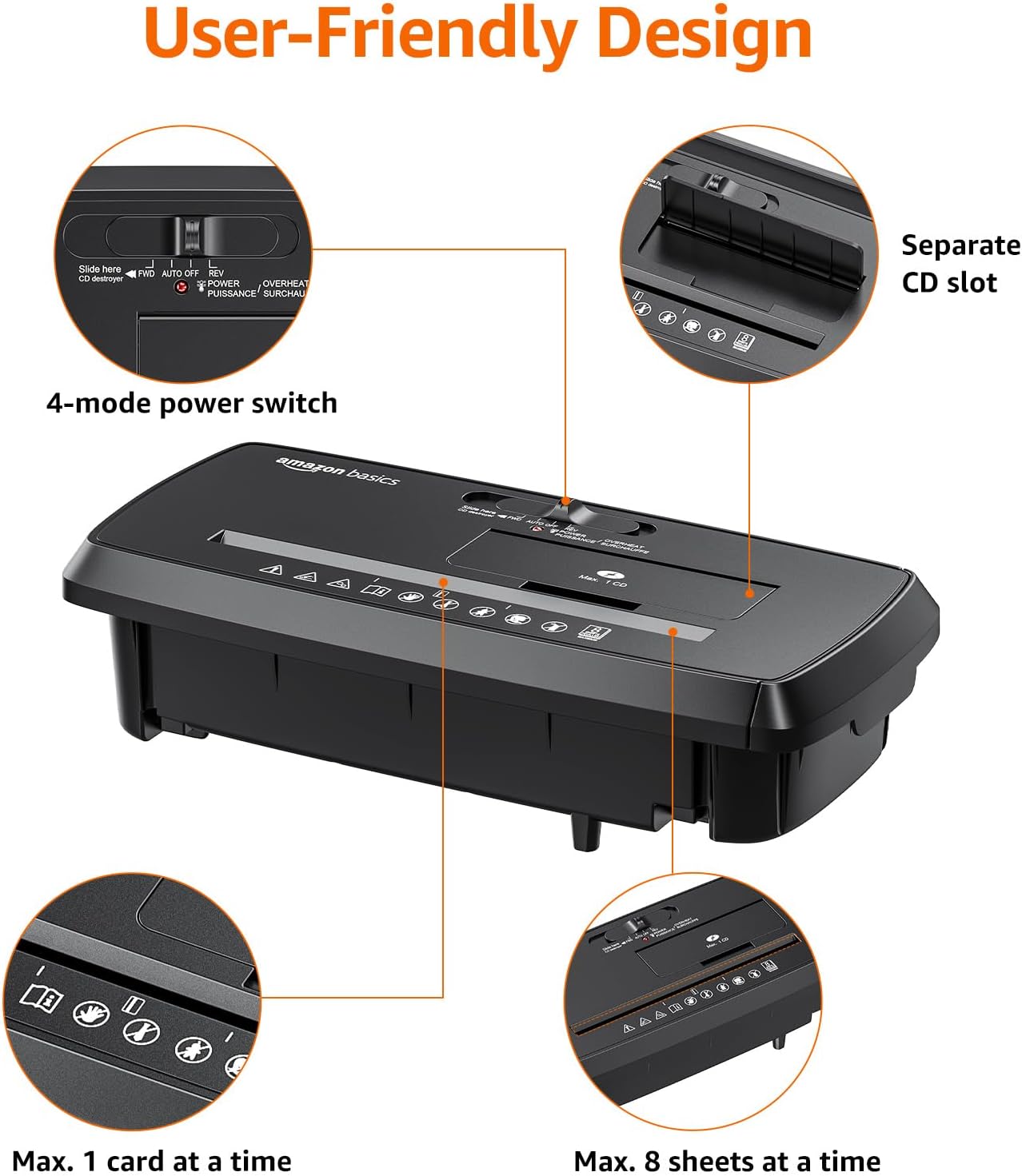 Amazon Basics 8-Sheet Strip Cut Paper, CD, and Credit Card Shredder with Auto-Off Compact, Portable Design, No Basket, Extendable Arm, Black