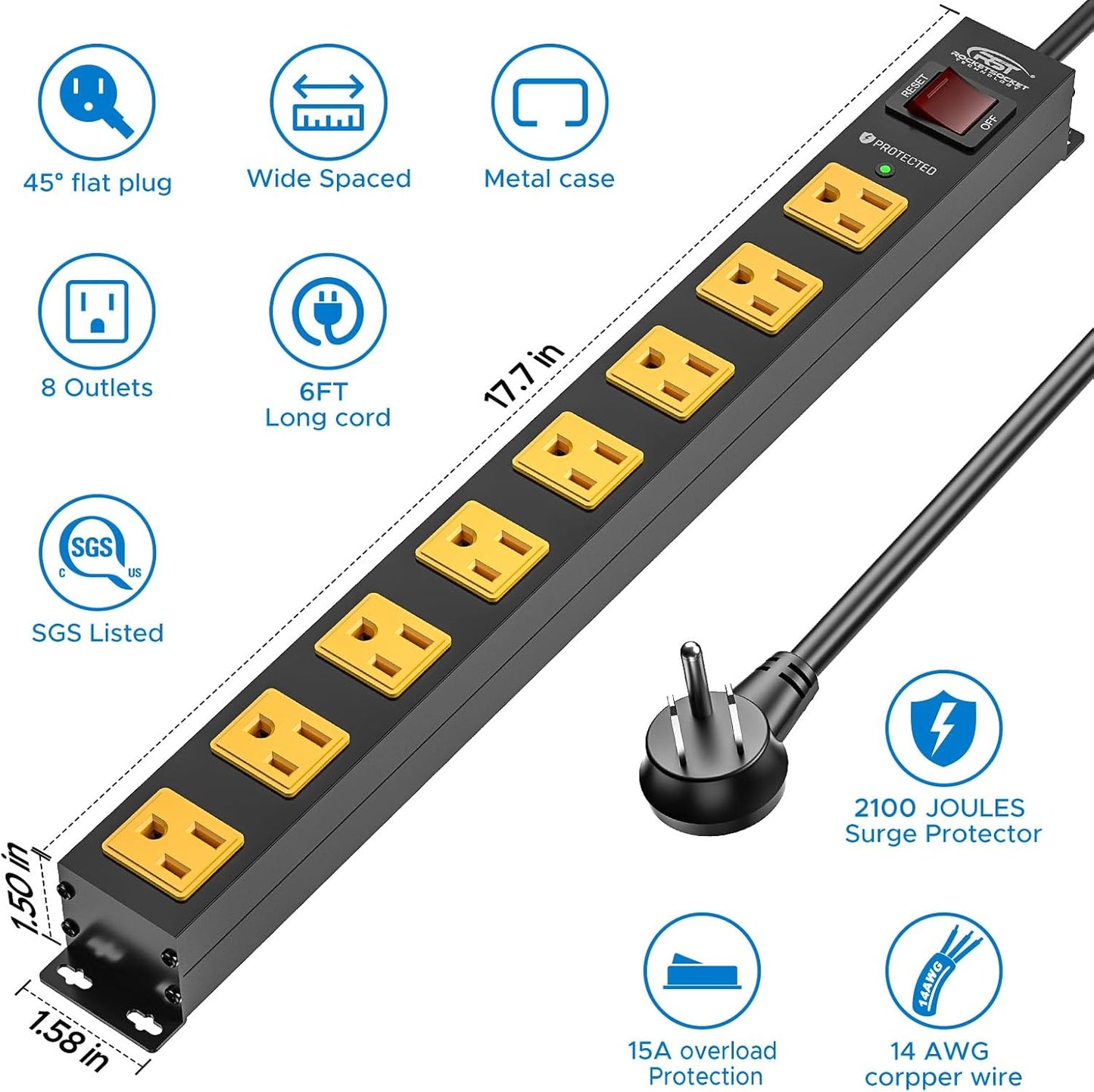 CRST 2 Pack 8 Outlet Metal Heavy Duty Power Strip with Switch, 2100J Surge Protector, Mountable Wide Spaced Workshop Garage Power Strip, 6 FT 14AWG, 15A/1875W