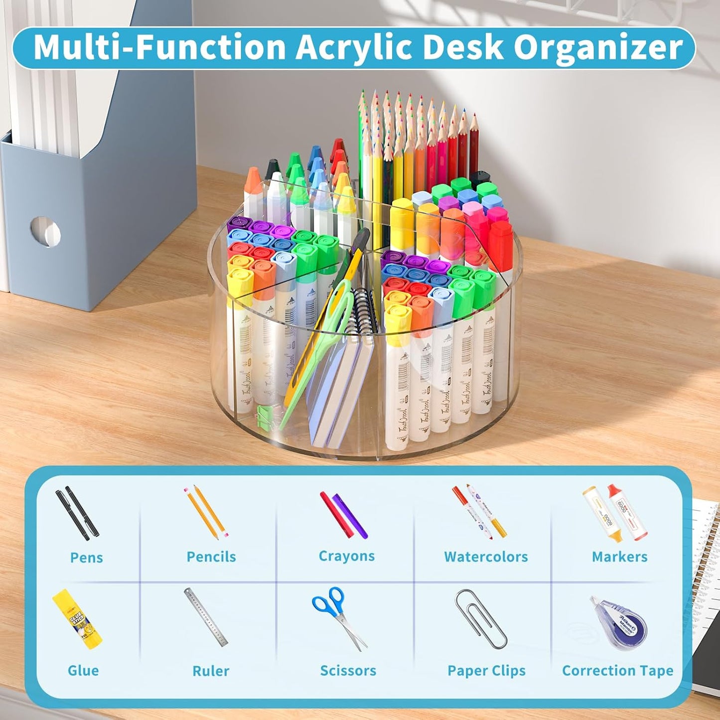 Acrylic Desk Organizer Clear Pen Holder 2 Packs, 360 Degree Pencil Holder for Desk Kids, Rotating Lazy Susan Organizer for School Supplies, Marker Holder Art Supply Storage Organizer with Dividers