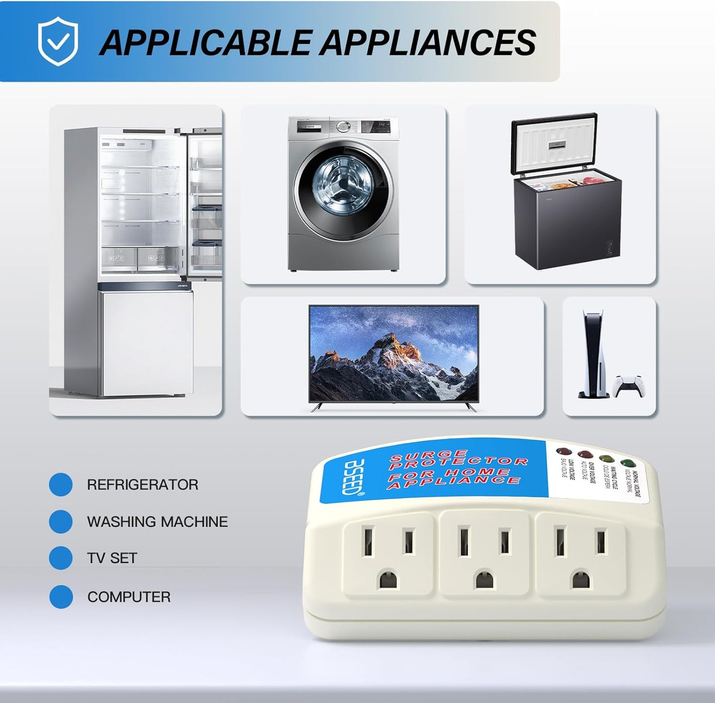 BSEED Voltage Protector, 3 Outlet Plug in Surge Protector for Home Appliance Multi Function Plug with Protection Wall Mount Power Suppressor for TV/PC/Refrigerator 125V, 1875W, 1 Pack