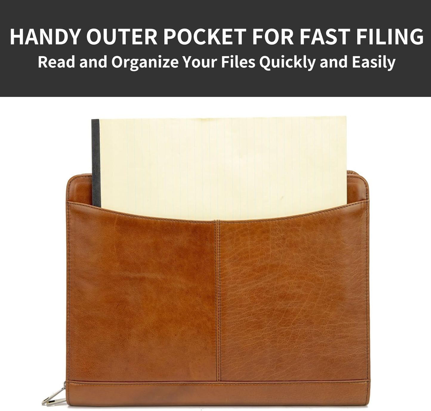 Genuine Leather Portfolio with Front Pocket for Men and Women, Zippered Padfolio Binder 8.5 x 11 Legal Pad Notebook Holder, Fits 13” Laptop, Professional Work File Case, Brown, Oil Tanned