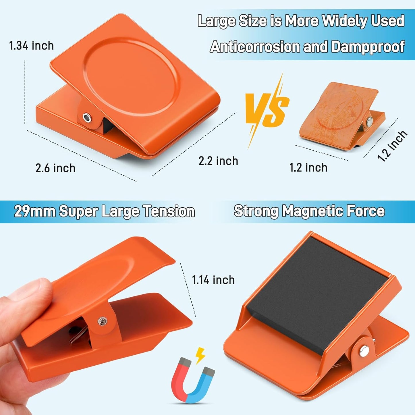 FINDMAG Extra Strong Magnetic Clips, 2.2inch Magnetic Binder Clips Heavy Duty, Large Clips with Magnet for Refrigerator, Office, Hanging Photos, Classroom (4Pack, Orange)
