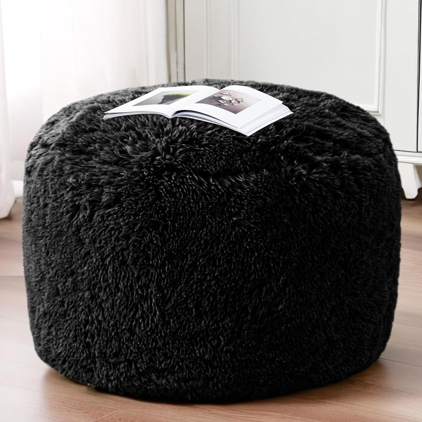 HIGOGOGO Round Stuffed Pouf Ottoman, Long Faux Fur Poufs with Foam Chunk Filling, Fluffy and Furry Pouf Foot Stool Storage Ottoman, 26 X 18 Floor Poufs Foot Rest for Living Room, Black