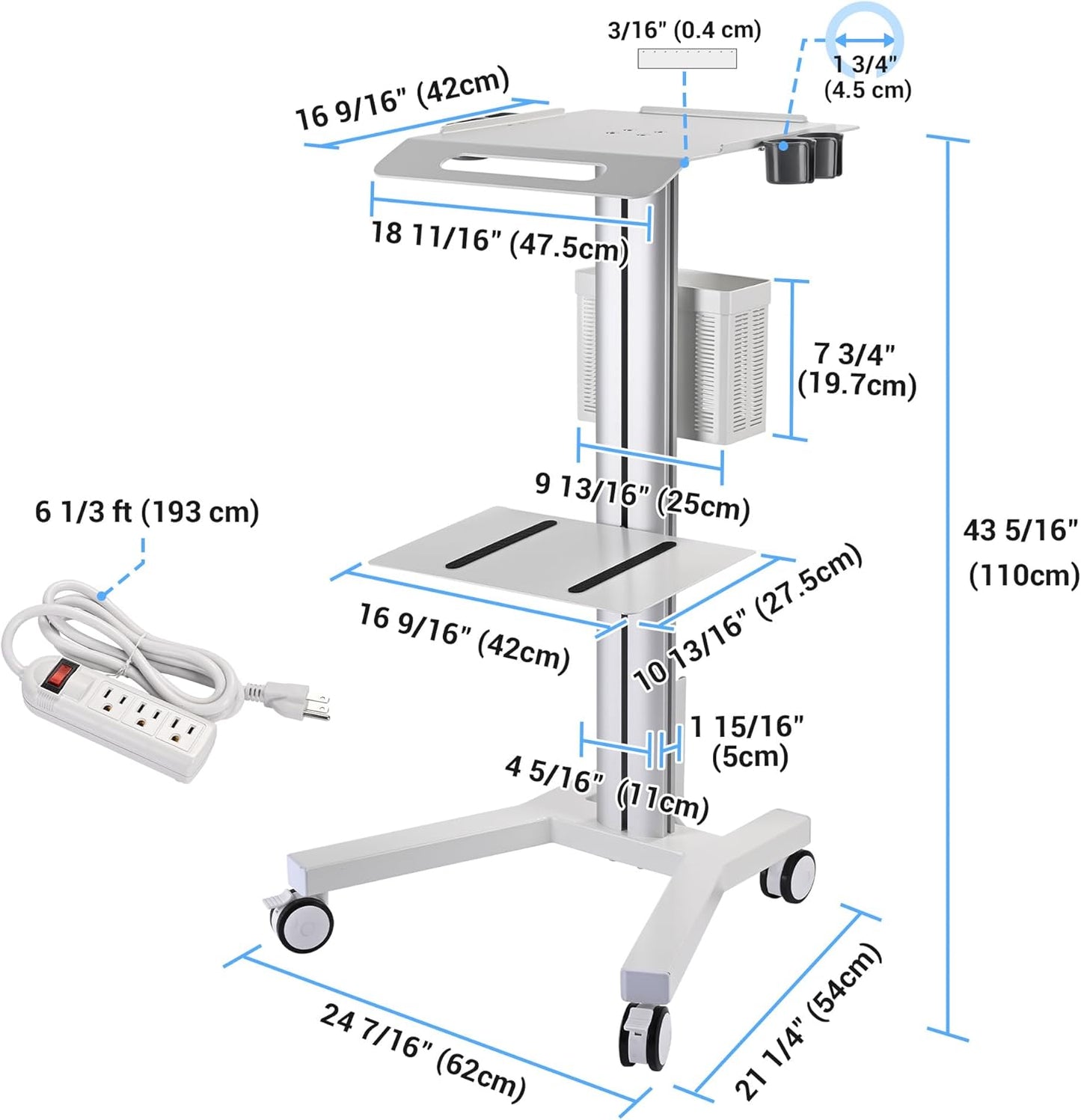AW Medical Mobile Laptop Cart Rolling PC Stand Ultrasound Imaging Cart Computer Workstation on Wheels with Handle 220 Lbs Capacity CPU Printer Power Strip Holder for Dentistry Clinic Lap Hospital
