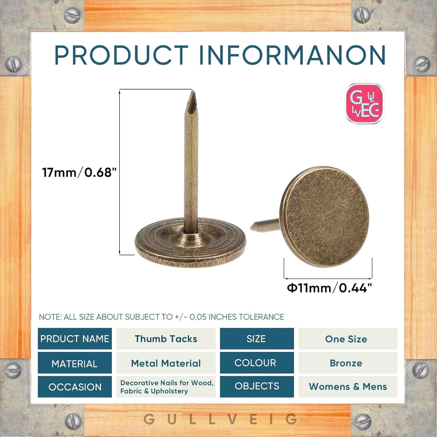 Gullveig Bronze Push Pins - 100 Piece Set in Elegant Metallic Finish - Durable Metal Thumb Tacks, Reusable Paper Box - Perfect for Home, Office, and DIY Projects - Ф11mm x 17mm